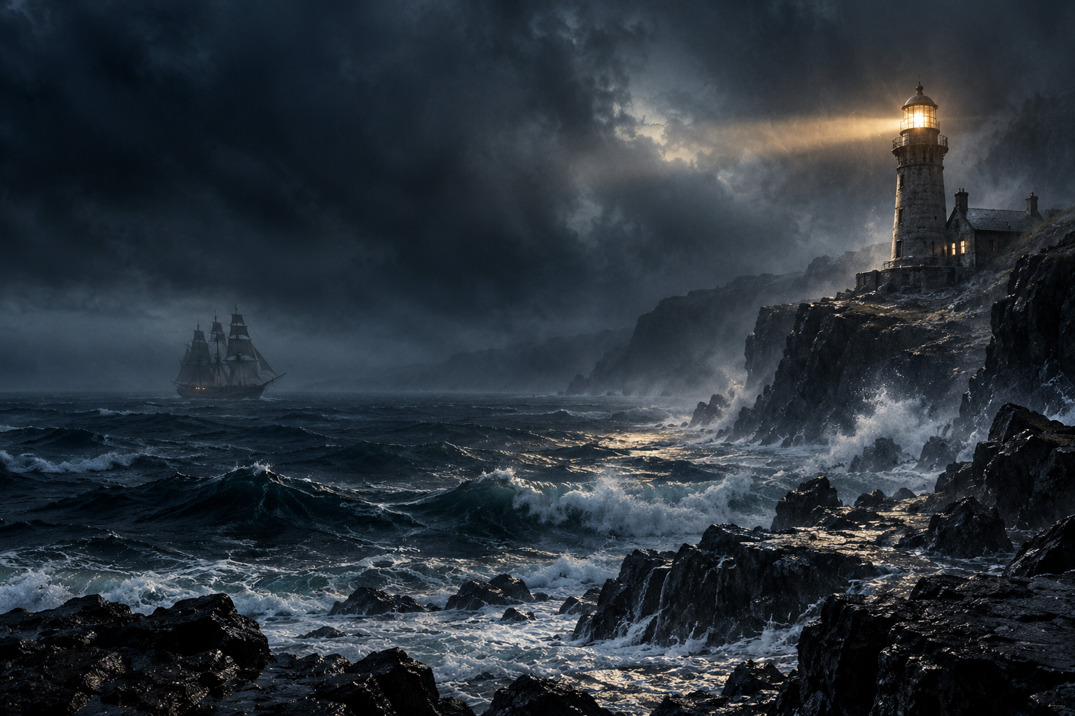 A solitary lighthouse above a stormy sea