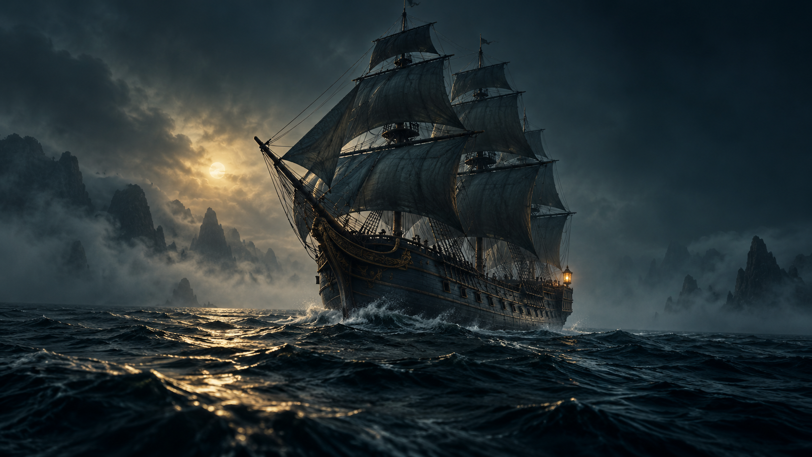 An old sailing ship crossing dark seas beneath a clouded moon